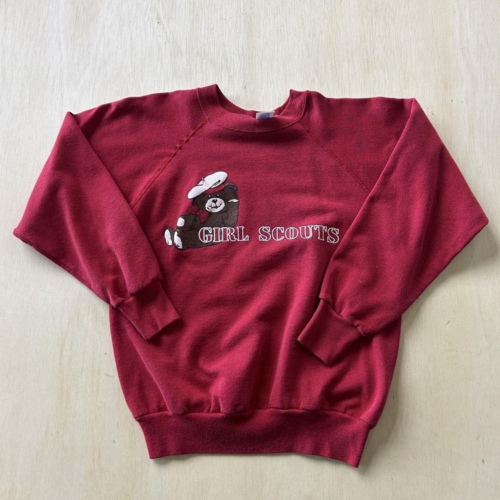 Vintage Velva Sheen Sweatshirt Womens Medium Red Girl Scouts Bear Pullover